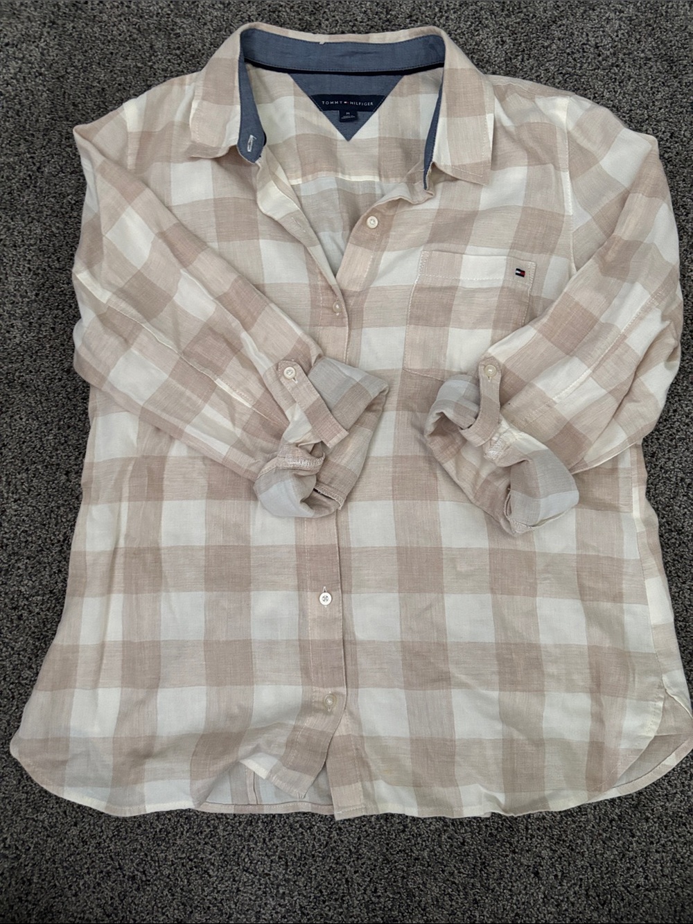 Tommy Hilfiger Beige and White Plaid Button-Down Shirt
